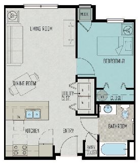 Floor plan for 1 bed, 1 bath, 603 sqft
